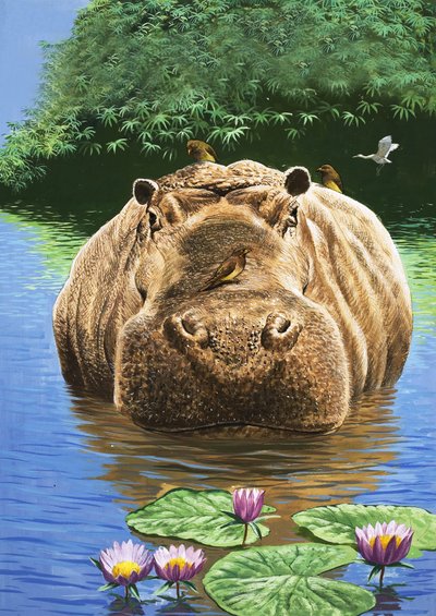 Szczęśliwy hipopotam, ilustracja z "Krainy czarów natury autorstwa English School