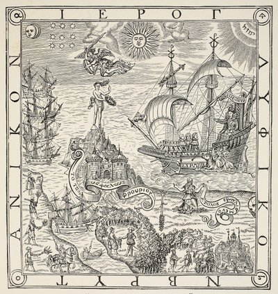 Hieroglif Wielkiej Brytanii, frontyspis do ogólnych i rzadkich pomników dotyczących doskonałej sztuki nawigacji autorstwa Johna Dee (1527-1609), 1577 autorstwa English School