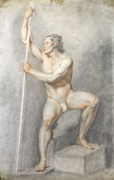 Akt męski trzymający laskę, ok. 1770 (kolorowe kredy na papierze) autorstwa English School