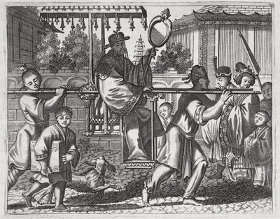 Mandaryn w fotelu sedan, ilustracja z opisu ambasad w Chinach, 1690 autorstwa English School
