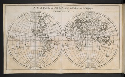 Mapa świata, na której nakreślono podróże Robinsona Crusoe autorstwa English School