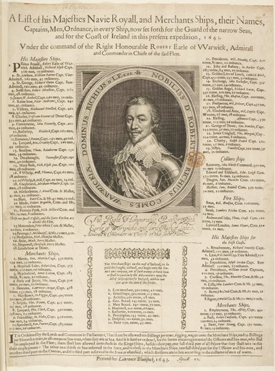 Lista okrętów morskich z portretem hrabiego Warwick autorstwa English School