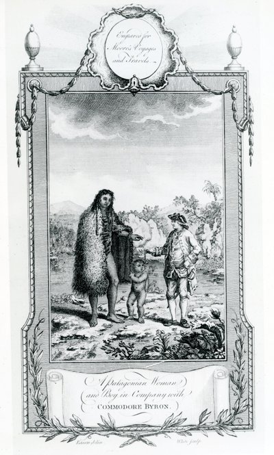 Patagońska kobieta i chłopiec w towarzystwie komandora Byrona, ilustracja zaczerpnięta z Moores Voyages and Travels, 1778 autorstwa English School