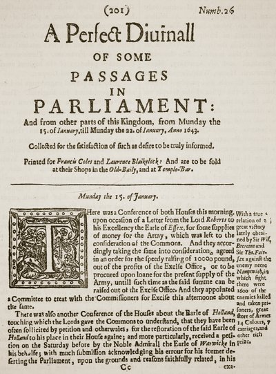 A Perfect Diurnall, faksymile pierwszej strony numeru 26, 1643, ilustracja z Cassells Illustrated History of England (zdjęcie w sepii) autorstwa English School
