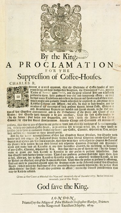 Proklamacja króla o zniesieniu kawiarni, 1675 autorstwa English School