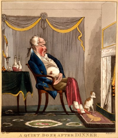 Cicha drzemka po obiedzie, grafika wykonana przez H. Pyalla, ok. 1827-33 (ręcznie kolorowana grawerunek) autorstwa English School