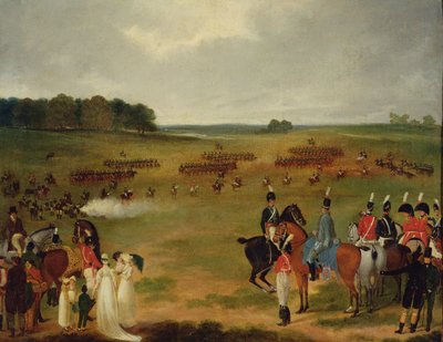 Przegląd londyńskiej kawalerii ochotniczej i artylerii latającej w Hyde Parku w 1804 r., ok. 1804 r. (olej na pokładzie ułożony na panelu) autorstwa English School