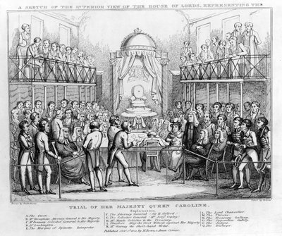 Szkic wnętrza Izby Lordów przedstawiający proces Jej Królewskiej Mości Królowej Karoliny, wyd. 1820 (czarno-biały grawer) autorstwa English School