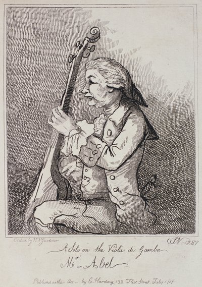 Solo na Violi da Gamba, Carl Friedrich Abel (1723-87) rytowane przez Williama Nelsona Gardinera (1766-1814) 1787 autorstwa English School