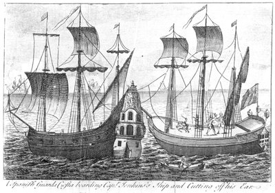 Hiszpański „Guarda Costa” (straż przybrzeżna) wchodzi na pokład statku kapitana Jenkinsa i odcina mu ucho, 1731 autorstwa English School
