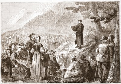 Szwajcarski reformator głoszący kazania do swojej trzody na otwartym polu, ilustracja z Historii protestantyzmu Jamesa Aitkena Wylie (1808-1890), wyd. 1878 autorstwa English School