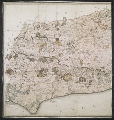 Mapa topograficzna hrabstwa Sussex z podziałem na gwałty, dziekanaty i setki. Planowane od rzeczywistego badania w skali od jednego cala do mili statutowej autorstwa English School