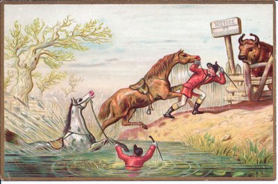 Wiktoriańska kartka bożonarodzeniowa przedstawiająca konia rzucającego się w wodzie, podczas gdy drugiego jeźdźca ciągnie na brzeg, ok. 1880 r. (kolor lito) autorstwa English School