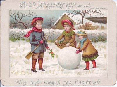 Wiktoriańska kartka świąteczna przedstawiająca troje dzieci bawiących się dużą kulą śnieżną, ok. 1880 r. (kolorowa litografia) autorstwa English School