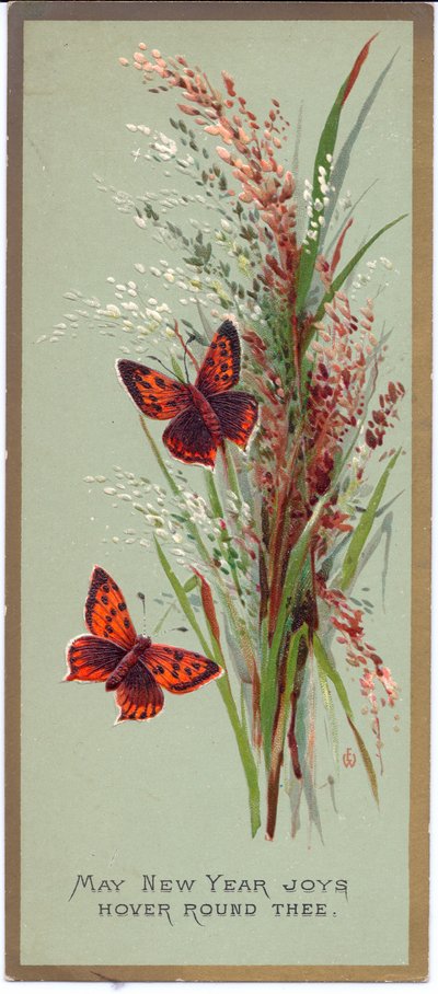 Wiktoriańska kartka noworoczna przedstawiająca dwa motyle wśród wysokich traw, ok. 1880 r autorstwa English School