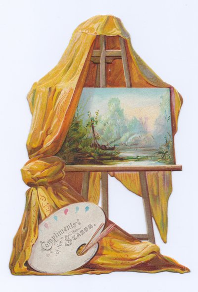 Wiktoriańska wycinana karta przedstawiająca obraz na sztaludze z zasłoną, ok. 1880 r. (litografia barwna) autorstwa English School