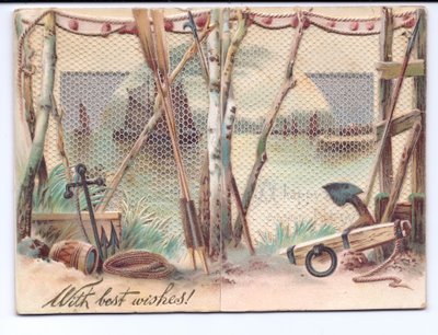 Wiktoriańska kartka z życzeniami przedstawiająca żaglowce widziane przez ekran z gazy, ok. 1880 r autorstwa English School