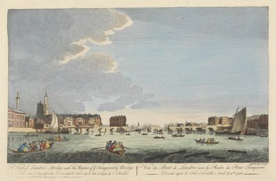 Widok na most londyński z ruinami mostu tymczasowego po pożarze z 11 kwietnia 1758 (kolorowy grawerunek) autorstwa English School