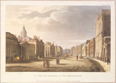 Widok Whitehall i Gwardii Konnej, z Repozytorium Sztuki Ackermanna, 1 czerwca 1811 autorstwa English School