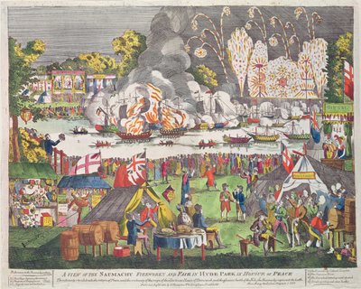 A View of the Naumachy, Fireworks and Fair in Hyde Park in Honor of Peace, opublikowane przez G. Thompsona, 1814 autorstwa English School