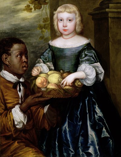 Sługa ofiarowała młodej dziewczynie kosz owoców, ok. 1650 r autorstwa English School