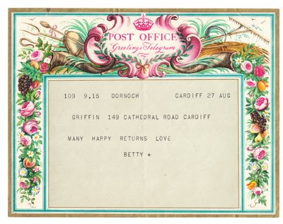 Telegram z życzeniami urodzinowymi, ok. 1950 (kolor lito) autorstwa English School