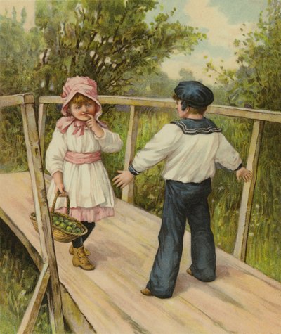 Chłopiec mówiący dziewczynie, że musi zapłacić za przejazd przez most, na którym stoi autorstwa English School