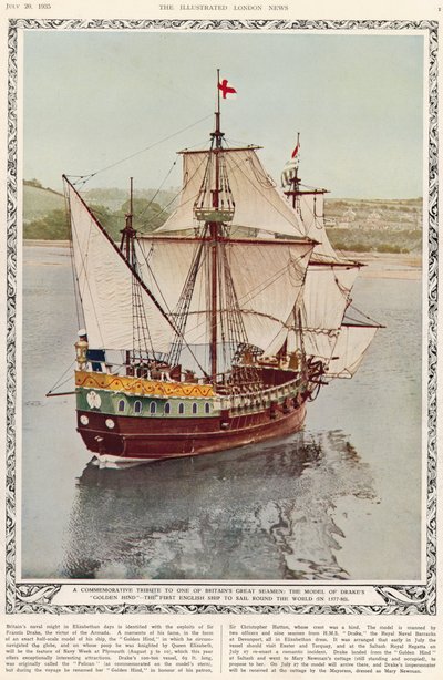 Pamiątkowy hołd dla jednego z wielkich brytyjskich marynarzy: model Drakes Golden Hind, pierwszego angielskiego statku, który opłynął świat w latach 1577-80, z The Illustrated London News Royal Naval i Mi autorstwa English School