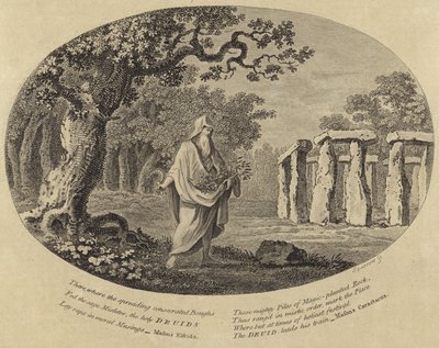 Druid zbierający sadzonki kosą obok starożytnego pomnika autorstwa English School