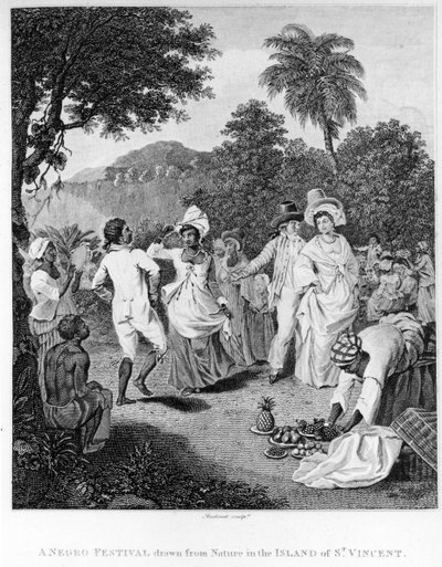 Festiwal na wyspie St. Vincent, z Historii, cywilnej i handlowej kolonii brytyjskich w Indiach Zachodnich autorstwa Bryana Edwardsa, grawerowanego przez Philippa Audineta, wydanie poprawione z 1794 roku (engr autorstwa English School
