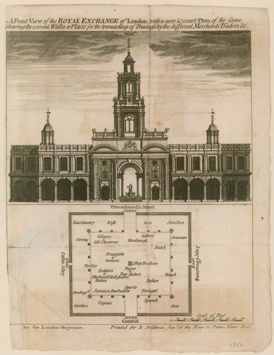 Widok z przodu na Royal Exchange of London z nowym i dokładnym planem tego samego autorstwa English School
