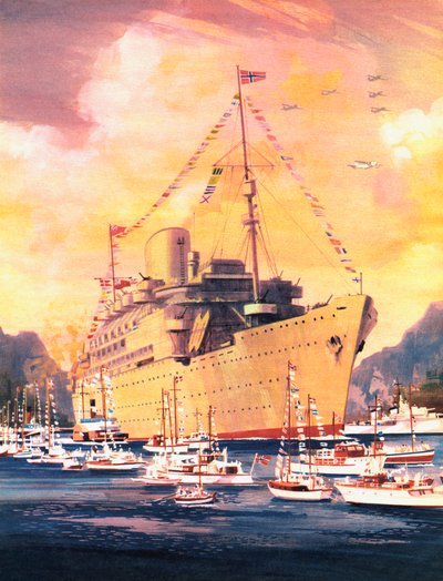 Wielki moment w historii Royal Mail Line, Andes przybywa do Oslo w 1945 roku (litografia kolorowa) autorstwa English School