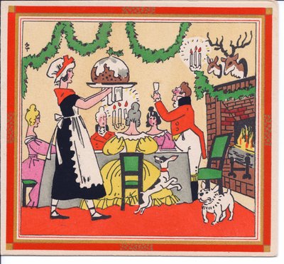 Ręcznie kolorowana kartka bożonarodzeniowa French Pochoir przedstawiająca pokojówkę serwującą świąteczny pudding, około 1920 autorstwa English School