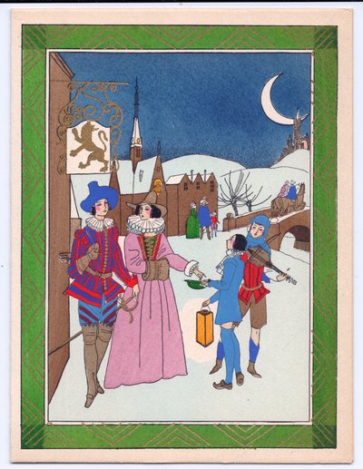 Ręcznie kolorowana francuska kartka świąteczna Pochoir przedstawiająca scenę Tudorów, w której uliczni muzycy nagradzani za występ, około 1920 r. autorstwa English School