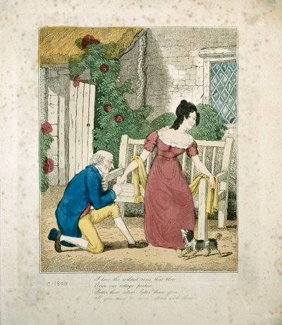 Ręcznie kolorowana litografowana scena mężczyzny oświadczającego się, ok. 1800 autorstwa English School