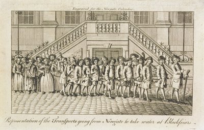 Linia zakutych w łańcuchy skazańców z więzienia Newgate, Old Bailey, zabranych do Blackfriars w celu transportu, ok. 1760 r. autorstwa English School