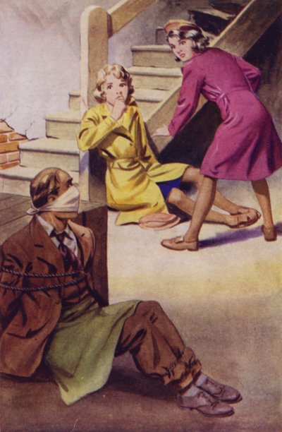 Mężczyzna związany, zakneblowany i siedzący na podłodze, podczas gdy dwie dziewczyny patrzą (kolor lito) autorstwa English School