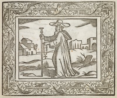 Mężczyzna trzymający laskę i krucyfiks, ilustracja z filmu „Minerva Britanna...” Henry