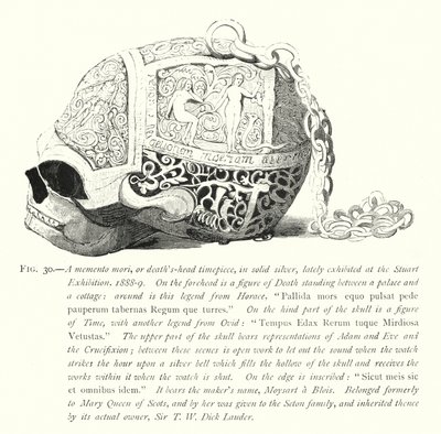 Memento mori, czyli czasomierz śmiercionośny, z litego srebra, niedawno wystawiony na wystawie Stuart autorstwa English School