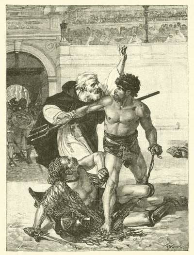 Mnich Telemach próbujący powstrzymać igrzyska gladiatorów w Koloseum w Rzymie (rycina) autorstwa English School
