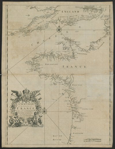„Nowa mapa wybrzeży morskich Francji, wraz z kanałem La Manche”, c.1730 (lito) autorstwa English School