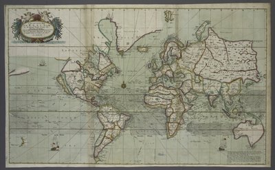 Nowa i poprawna mapa świata z atlasu morza, 1707 r. (druk ręcznie kolorowany) autorstwa English School