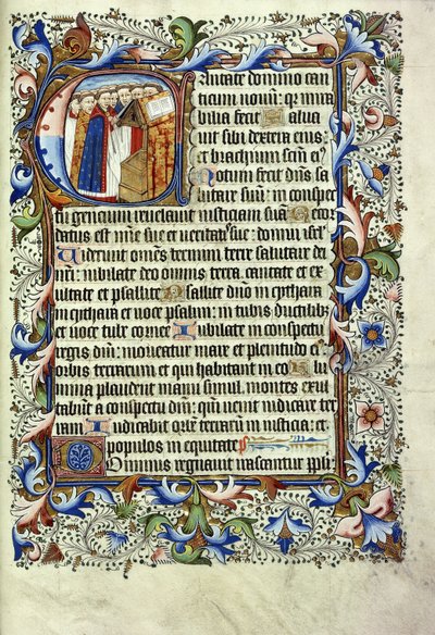 Strona z psałterza po łacinie z historycznym inicjałem przedstawiającym grupę mnichów stojących przed śpiewającą mównicą, ok. 1455 autorstwa English School