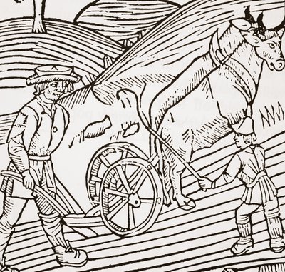 Para wołów zaprzęgniętych do pługa, strona tytułowa z pierwszego pubu John Fitzherberts Boke of Husbandry. 1523 autorstwa English School
