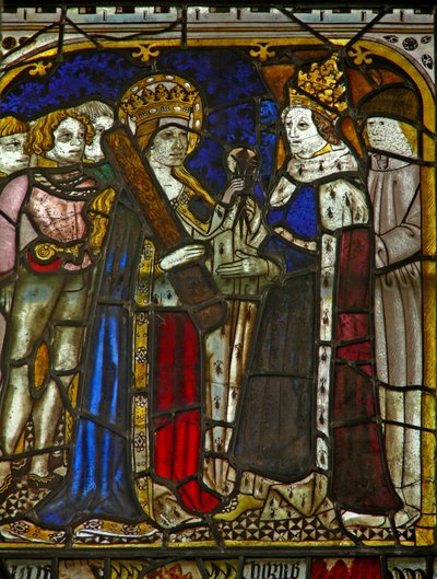 Panel w oknie wschodnim przedstawiający św. Helenę z cesarzem Konstantynem autorstwa English School