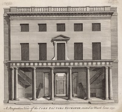 Widok perspektywiczny giełdy czynników kukurydzianych, wzniesionej w Mark Lane 1751 autorstwa English School