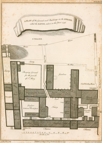 Plan terenu i budynków w Strandzie zwanym Savoy, sporządzony w 1736 r. autorstwa English School