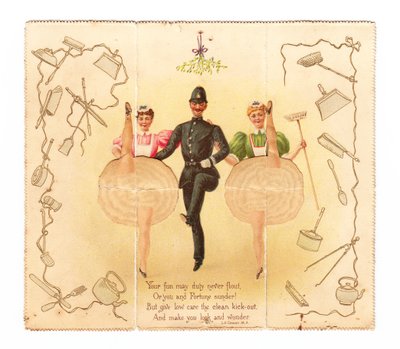 Wyskakująca karta przedstawiająca policjanta i dwie kobiety wykonujące wysokie kopnięcie, ok. 1920 r. (kolorowa litografia) autorstwa English School
