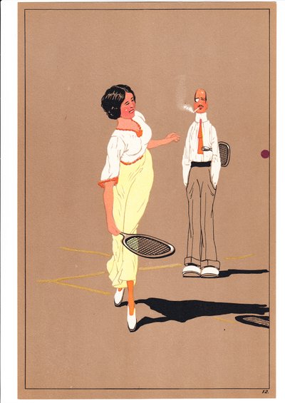 Rycina przedstawiająca dwóch tenisistów w humorystycznych i komicznych pozach, ok. 1920 autorstwa English School