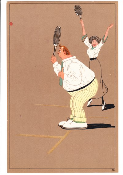 Rycina przedstawiająca dwóch tenisistów w humorystycznych i komicznych pozach, ok. 1920 autorstwa English School